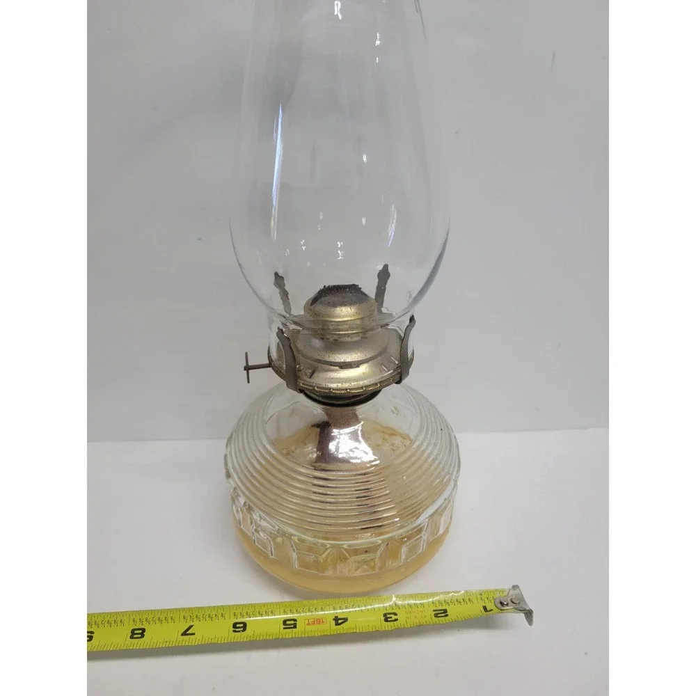 Vintage Clear Glass Oil Lamp Ribbed Geometric Base‎ Hurricane Chimney 13.5 Inch